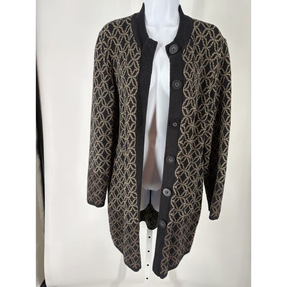 Black & Tan Geometric Print Longline Cardigan Sweater Button Front - Picture 2 of 3